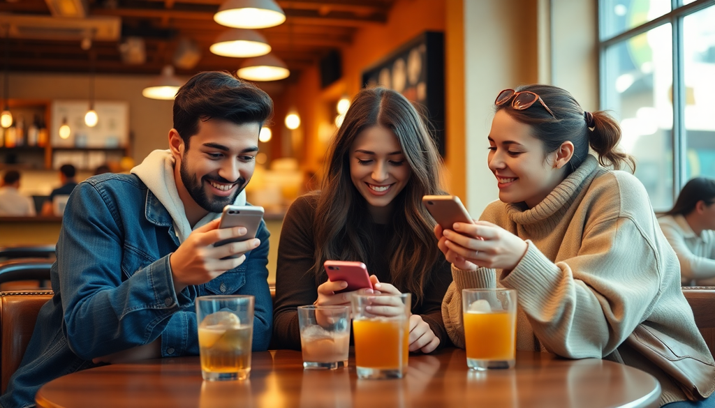 Three young friends sitting at a table in a cafe, smiling and looking at their smartphones. They have glasses of orange juice in front of them.